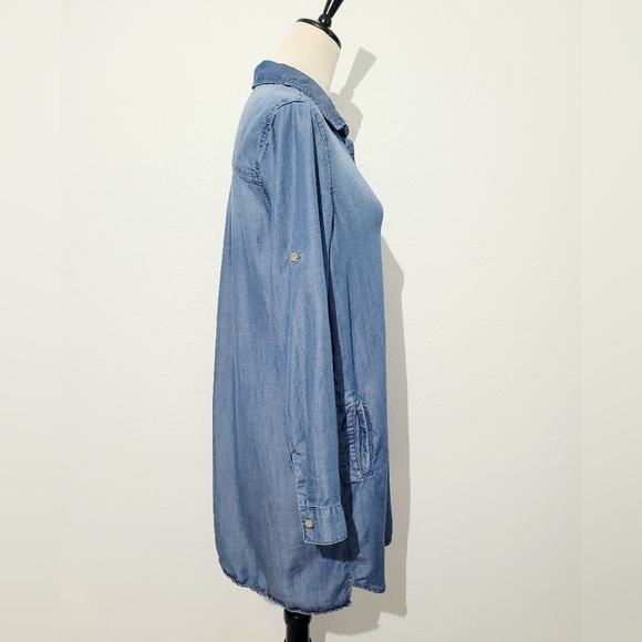 Cloth & Stone Women Chambray Tunic Dress Sz Medium Roll Tab Sleeve Anthropology - Picture 3 of 11